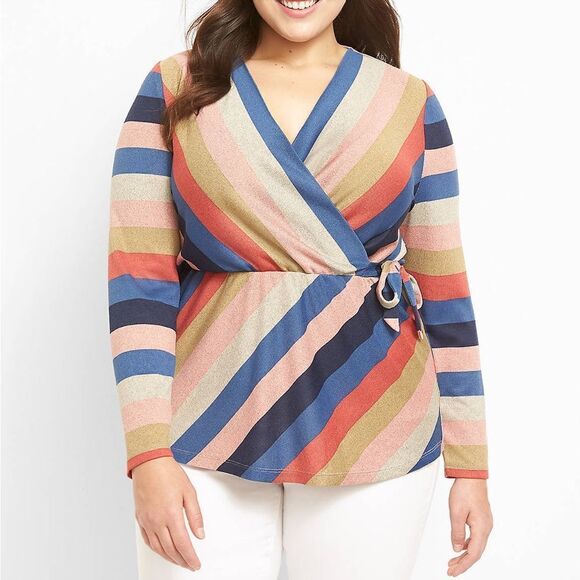 Lane Bryant Multi Color Striped V-Neck Wrap Knit Top - Picture 1 of 7